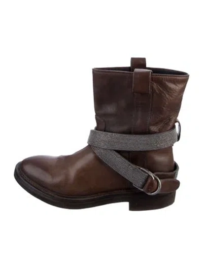 Pre-owned Brunello Cucinelli Monili Leather Moto Boots In Brown