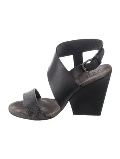 Pre-owned Brunello Cucinelli Monili Leather Sandals In Gray