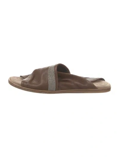 Pre-owned Brunello Cucinelli Monili Leather Slides In Brown