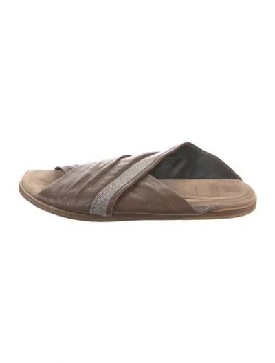 Pre-owned Brunello Cucinelli Monili Leather Slides In Brown