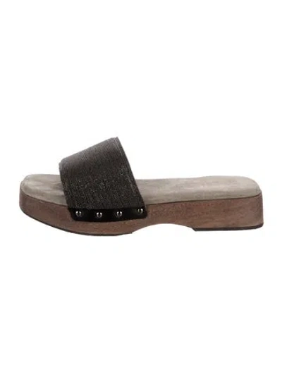 Pre-owned Brunello Cucinelli Monili Leather Slides In Grey/metallic
