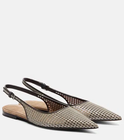 Brunello Cucinelli Monili Leather Slingback Ballet Flats In Brown