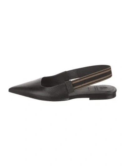 Pre-owned Brunello Cucinelli Monili Leather Slingback Flats In Black