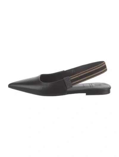 Pre-owned Brunello Cucinelli Monili Leather Slingback Flats In Black