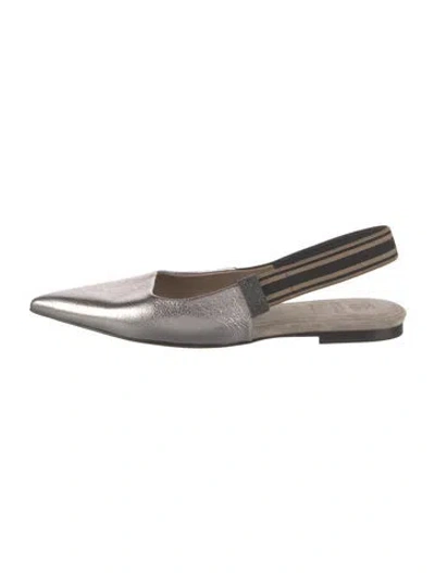 Pre-owned Brunello Cucinelli Monili Leather Slingback Flats In Silver