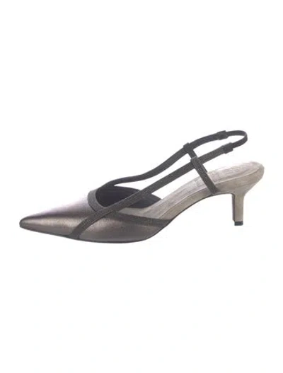 Pre-owned Brunello Cucinelli Monili Leather Slingback Pumps In Silver