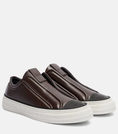 Brunello Cucinelli Monili Leather Sneakers In Brown