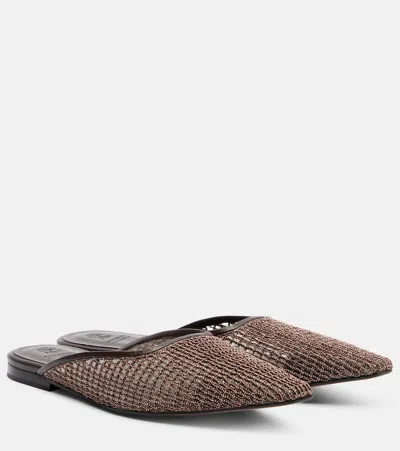 Brunello Cucinelli Monili Leather-trimmed Mules In Brown