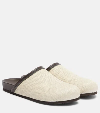 Brunello Cucinelli Monili Leather-trimmed Mules In Neutral