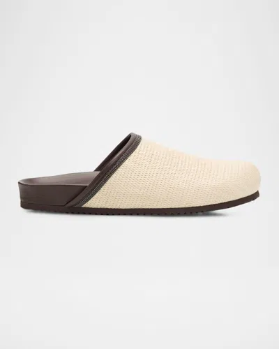 Brunello Cucinelli Monili Leather-trimmed Raffia Mules