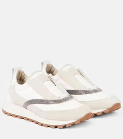 Brunello Cucinelli Monili Leather-trimmed Sneakers In White