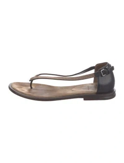 Pre-owned Brunello Cucinelli Monili Leather T-strap Sandals In Black/brown