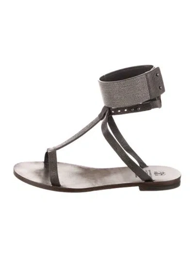 Pre-owned Brunello Cucinelli Monili Leather T-strap Sandals In Brown