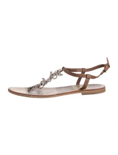 Pre-owned Brunello Cucinelli Monili Leather T-strap Sandals In Neutral