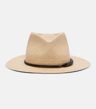 Brunello Cucinelli Monili Leather-trimmed Straw Fedora Hat In Neutral