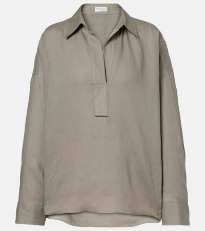 Brunello Cucinelli Monili Linen Top In Gray