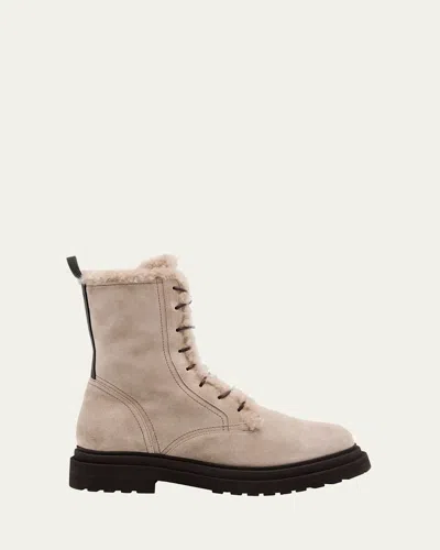 Brunello Cucinelli Monili Loop Shearling-lined Suede Combat Boots In Neutral