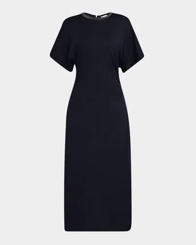 Brunello Cucinelli Monili-neck Short-sleeve Gathered Wool Jersey Midi T-shirt Dress