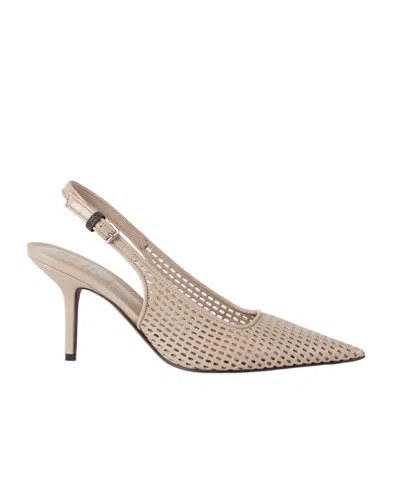 Brunello Cucinelli Monili Net Heel Slingback Pumps In Brown