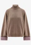 Brunello Cucinelli Women Turtleneck Sweater With Shiny Shirt Details In Brown