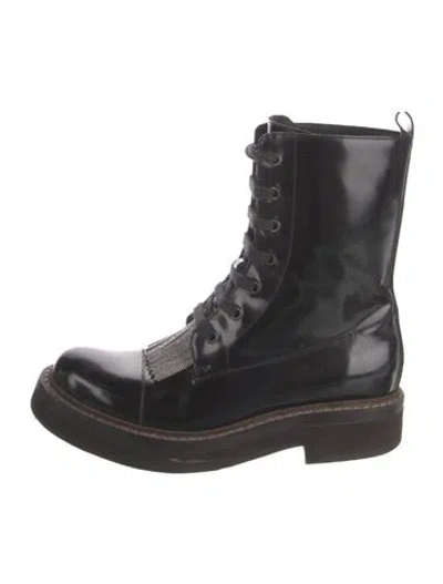 Pre-owned Brunello Cucinelli Monili Patent Leather Combat Boots In Black