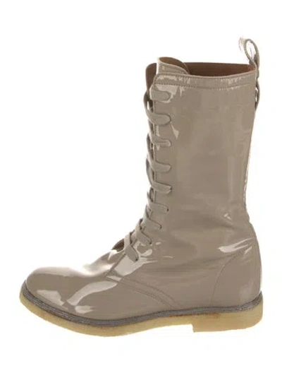 Pre-owned Brunello Cucinelli Monili Patent Leather Combat Boots In Neutrals