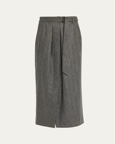 Brunello Cucinelli Monili Pinstripe Wool Flannel Wrap Midi Skirt In Gray