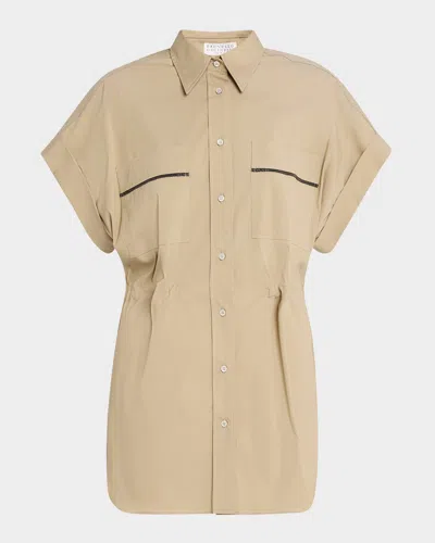 Brunello Cucinelli Monili-pocket Cap-sleeve Cotton Poplin Shirt Jacket In C2874 Kaki