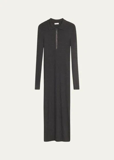 Brunello Cucinelli Monili Ribbed Wool Cashmere Body-con Midi Dress In Black