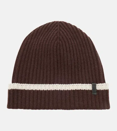 Brunello Cucinelli Monili Ribbed-knit Cashmere Beanie In Brown