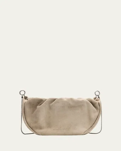 Brunello Cucinelli Monili Ruched Suede Shoulder Bag In Sage