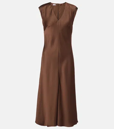 Brunello Cucinelli Monili Satin Midi Dress In Brown