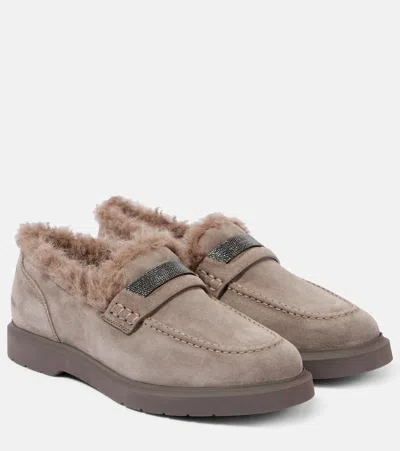 Brunello Cucinelli Monili Shearling-lined Suede Loafers In Grey