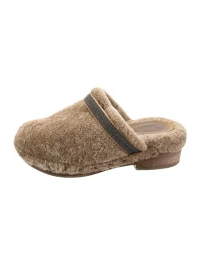 Pre-owned Brunello Cucinelli Monili Shearling Mules In Neutrals