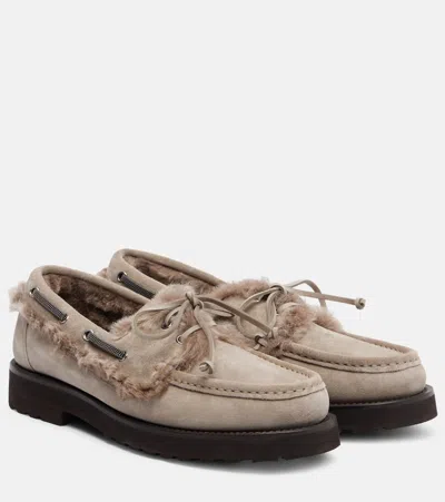 Brunello Cucinelli Monili Shearling-trimmed Suede Boat Shoes In Neutral