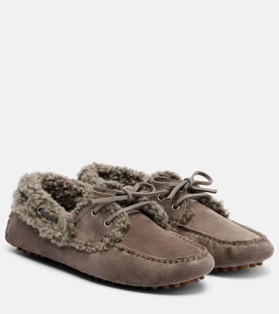 Brunello Cucinelli Monili Shearling-trimmed Suede Moccasins In Gray