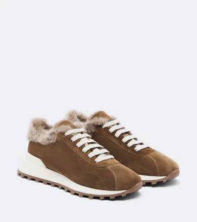 Brunello Cucinelli Monili Shearling-lined Suede Sneakers In Brown