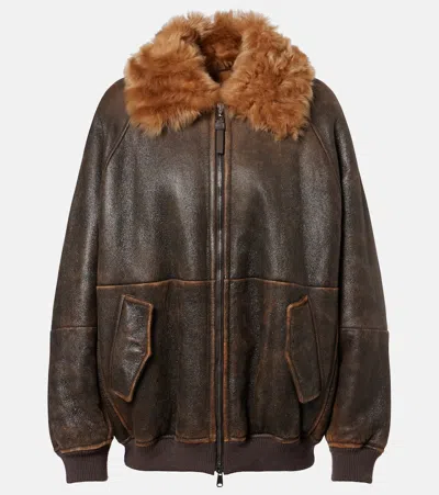 Brunello Cucinelli Monili Shearling-trimmed Leather Blouson Jacket In Brown