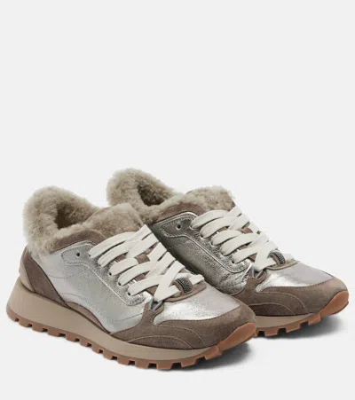 Brunello Cucinelli Monili Shearling-trimmed Leather Sneakers In Brown