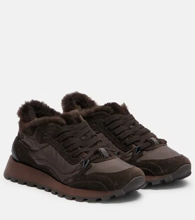 Brunello Cucinelli Suede And Techno Fabric Sneakers With Shearling Lining And Monile In Brown