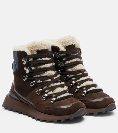 Brunello Cucinelli Monili Shearling-trimmed Suede Ankle Boots In Brown