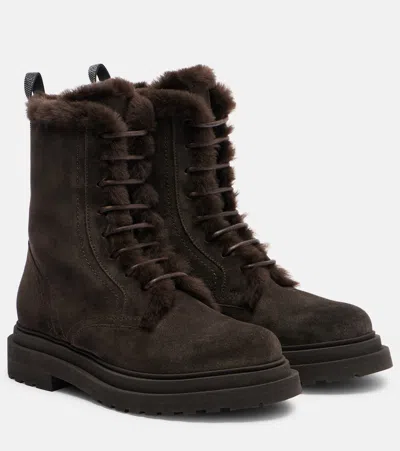 Brunello Cucinelli Monili Shearling-trimmed Suede Lace-up Boots In Brown
