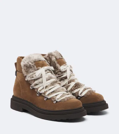 Brunello Cucinelli Monili Shearling-trimmed Suede Lace-up Boots In Brown