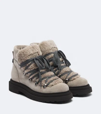 Brunello Cucinelli Monili Shearling-trimmed Suede Lace-up Boots In Neutral