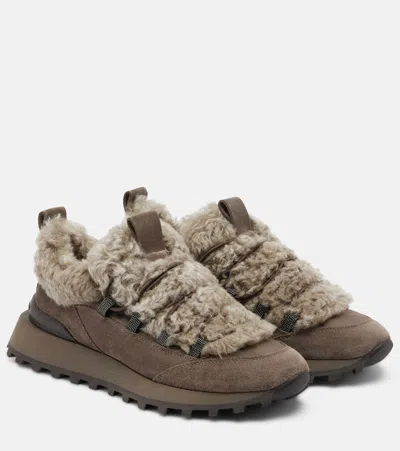 Brunello Cucinelli Bead-embellished Shearling-trimmed Suede Sneakers In Multi