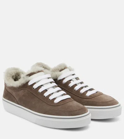 Brunello Cucinelli Monili Shearling-trimmed Suede Sneakers In Multi