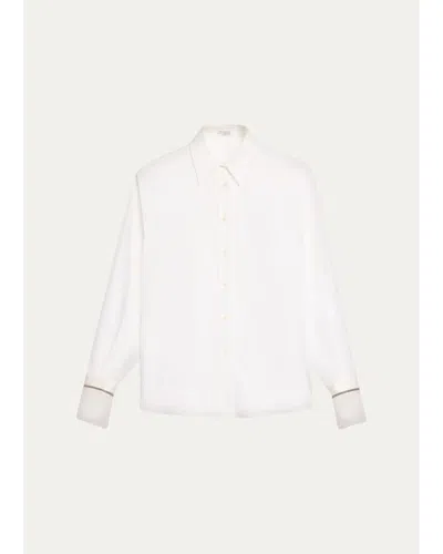 Brunello Cucinelli Monili Sheer-cuff Cotton Button-down Shirt In Bianco