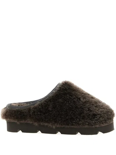 Brunello Cucinelli Monili Sherling Slipper In Brown