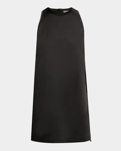 Brunello Cucinelli Monili-side Sleeveless Satin Mini Dress In Black