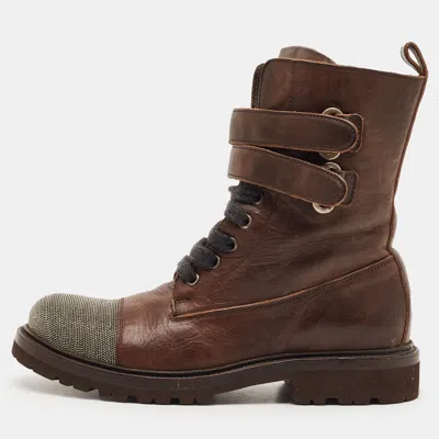 Pre-owned Brunello Cucinelli Monili Size 37 Brown Leather Combat Boots